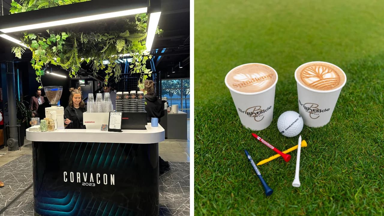 Branded Brightside coffee bars at a Houston conference and outdoor golf activation