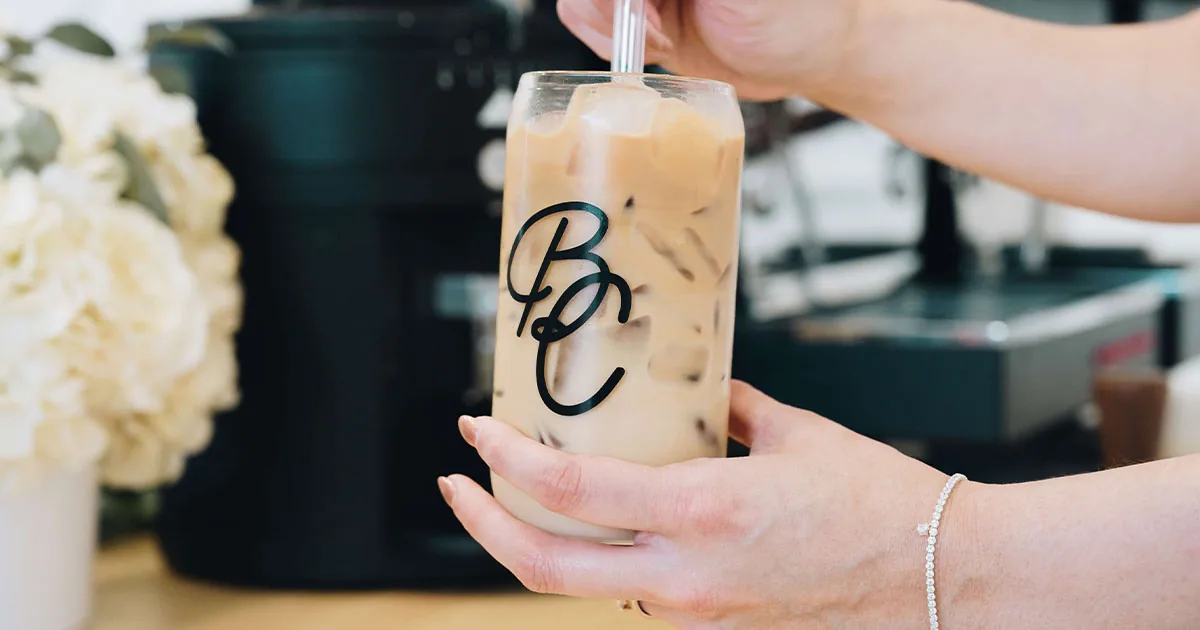 Iced Brightside latte with the BC logo served at a Houston wedding